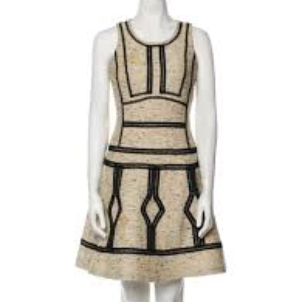 DVF Margot Dress in beige tweed w/black braid trim, Sz 14, tags attached